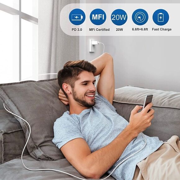 2 Pack 20W Power Adapter with 6.6FT C- C and C-L Cables MFI Certified - Picture 7 of 8